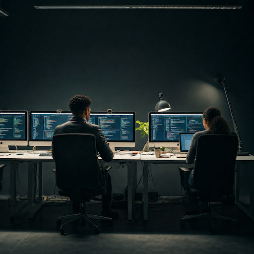 Data operations team working at computer workstations